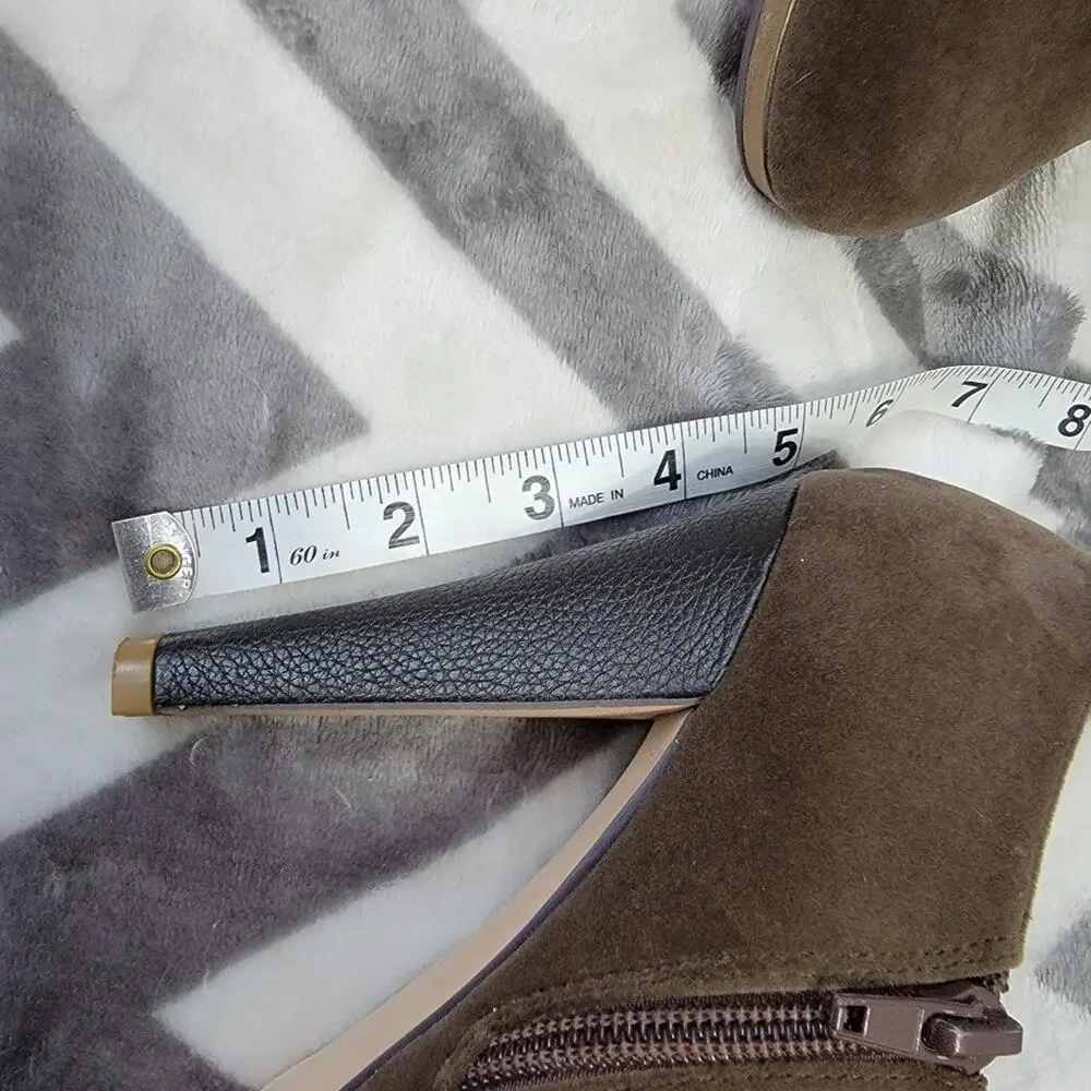 Shoes of Prey Custom Suede Velvet Olive Green & Gold Heeled Zip Up Booties Sz 37